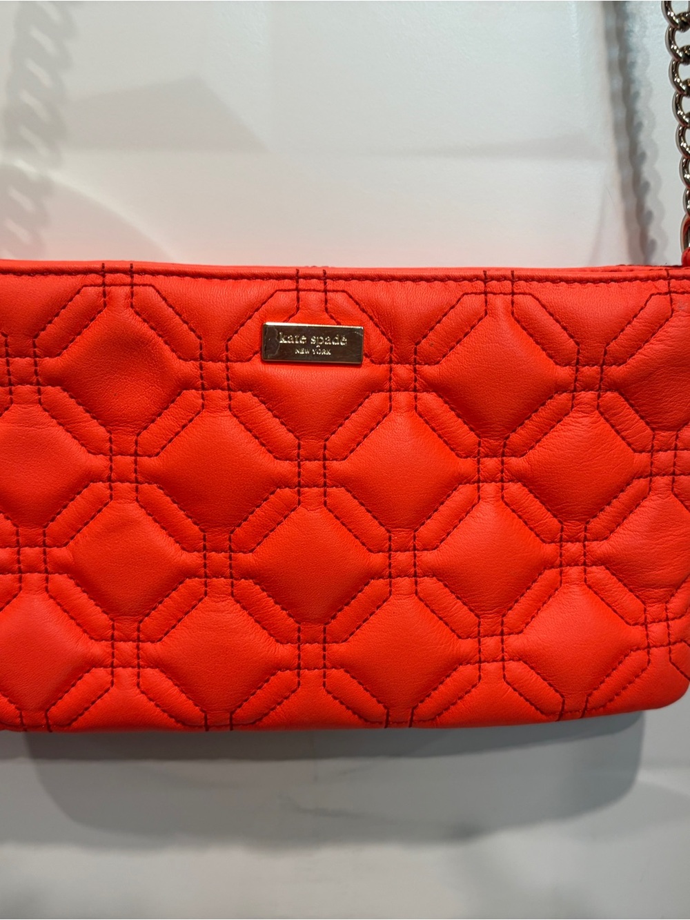 Kate Spade Quilted Bright Coral Crossbody Bag with Chain Strap like new